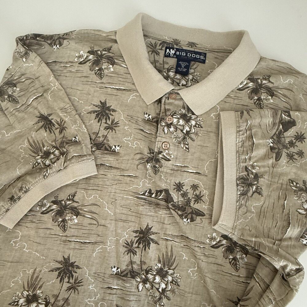 Big Dogs Mens 3XL Khaki Tropical Palm Hibiscus Cotton Polo Shirt Short Sleeve
